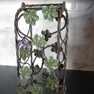 Vintage Metal Tabletop Wine Rack with Grapes and Leaves and Handle